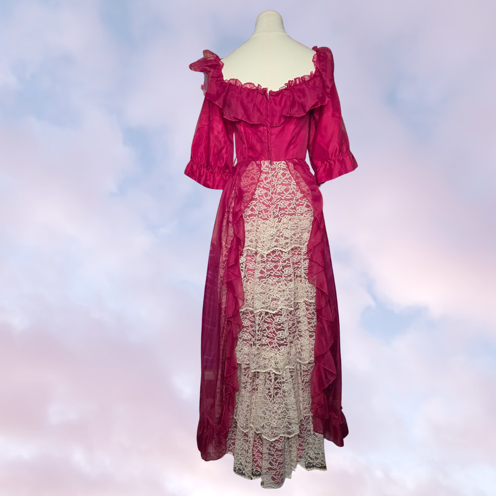 Vintage 50s Burgundy Ivory Lace On Off Shoulder Prairie Ball Gown Maxi Dress